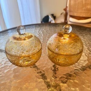 Set of Vintage Amber Bohemian Cut Glass Candy Dishes With Lids
